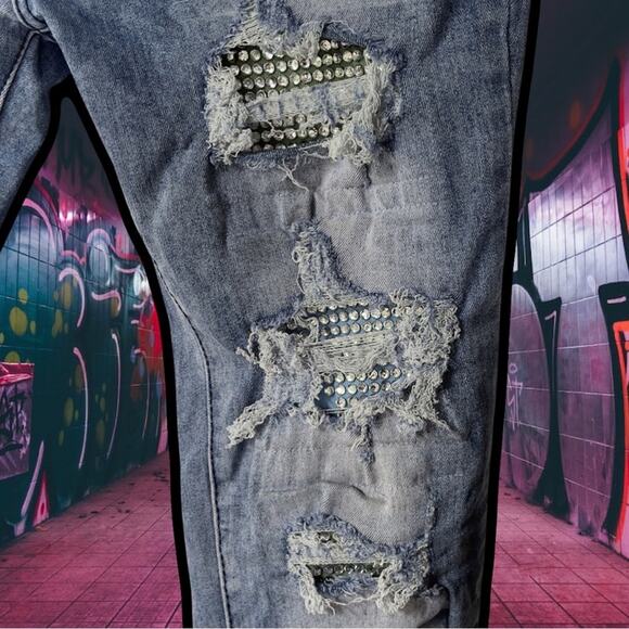 Blue Topic Rhinestone Studded Patch Distressed Denim Jeans Y2K Style - Size 9/10 - Picture 16 of 16